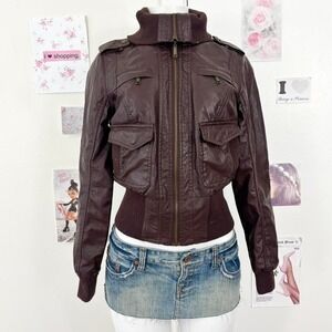 Y2K Brown Faux Leather Cropped Jacket Size M — Indie / Moto / Street Aesthetic